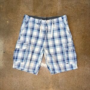 Ocean and Earth Mens Plaid Cargo Shorts Blue White Size 34 Drawstring Waist